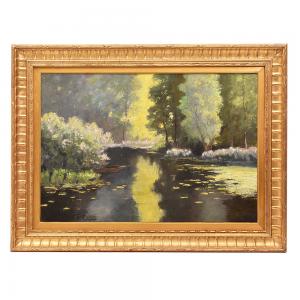 QUADRI ANTICHI, PAESAGGIO CON FIUME, NINFEE E FIORI DI LOTO, OLIO SU TELA, PRIMI DEL NOVECENTO. (QP642)